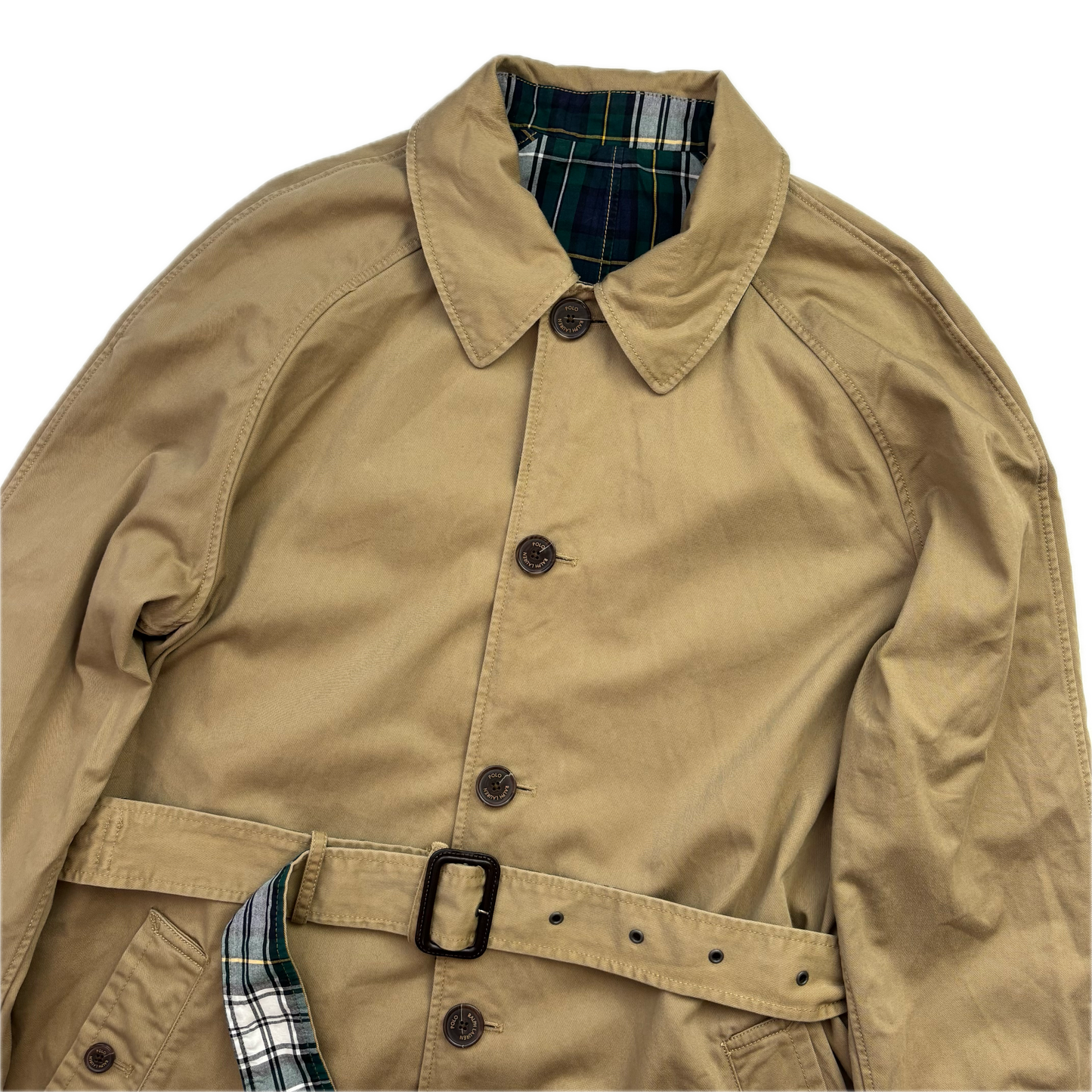 Polo Ralph Lauren Reversible Balmacaan Belted Trench Coat Beige Plaid -  L