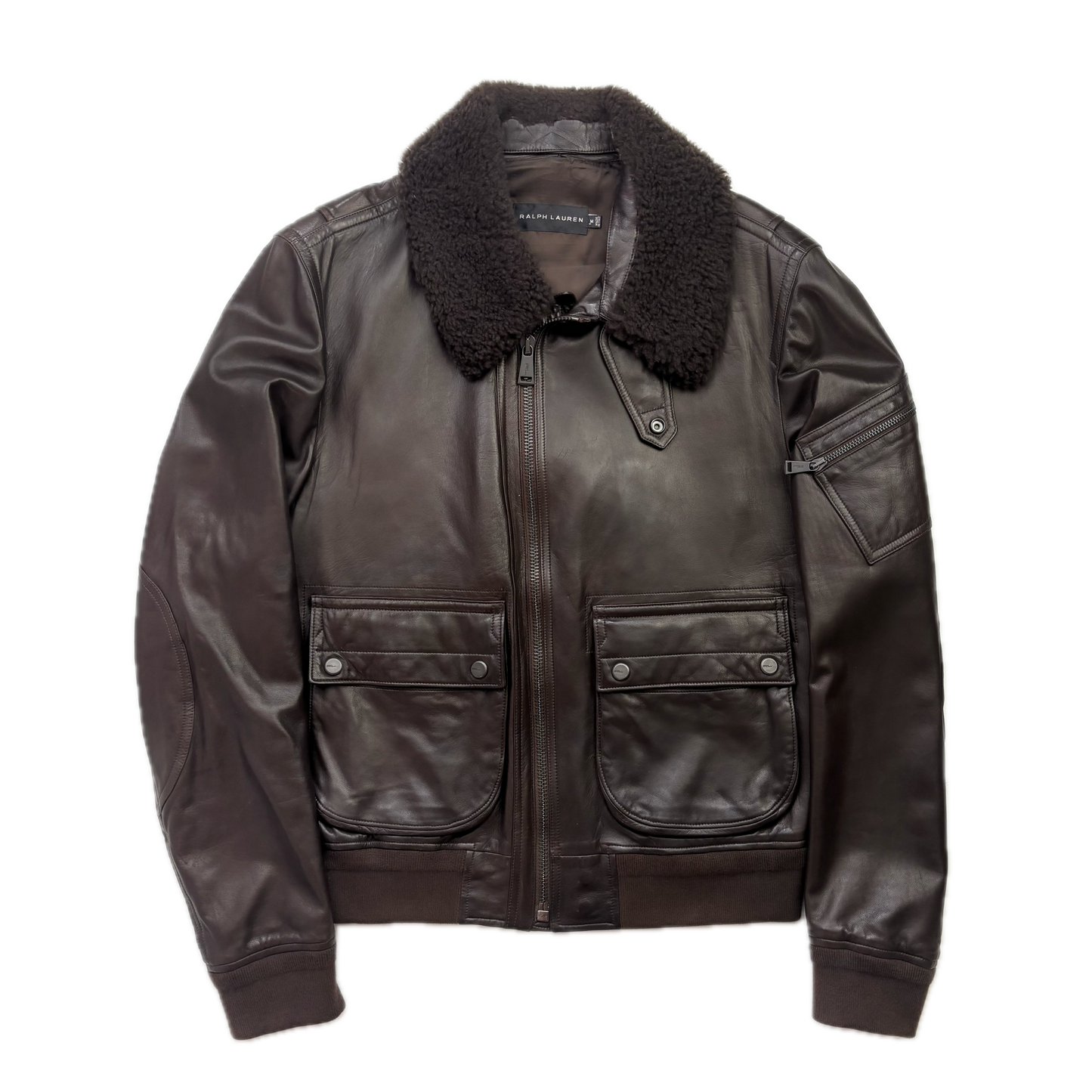 Ralph Lauren Black Label Brown Leather Aviator Jacket Bomber Fur Collar  - M