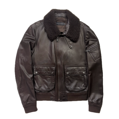 Ralph Lauren Black Label Brown Leather Aviator Jacket Bomber Fur Collar  - M