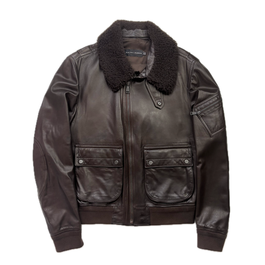 Ralph Lauren Black Label Brown Leather Aviator Jacket Bomber Fur Collar  - M