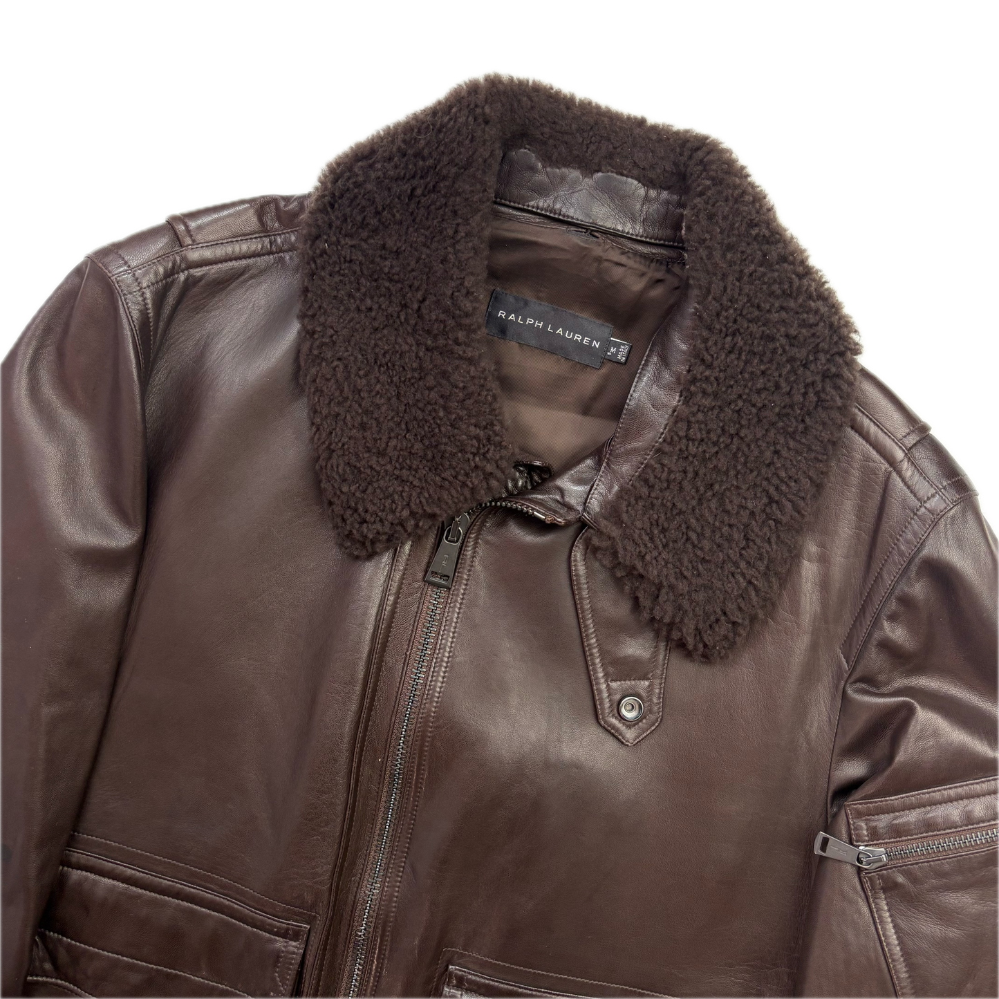 Ralph Lauren Black Label Brown Leather Aviator Jacket Bomber Fur Collar  - M