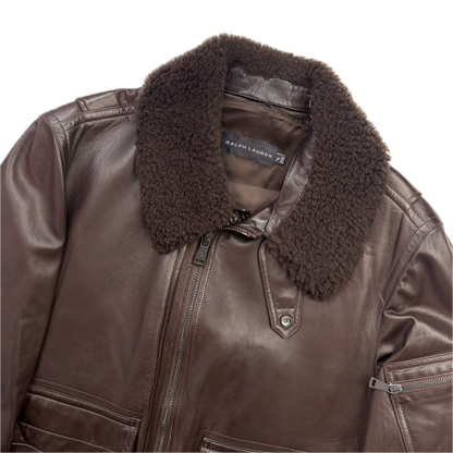 Ralph Lauren Black Label Brown Leather Aviator Jacket Bomber Fur Collar  - M