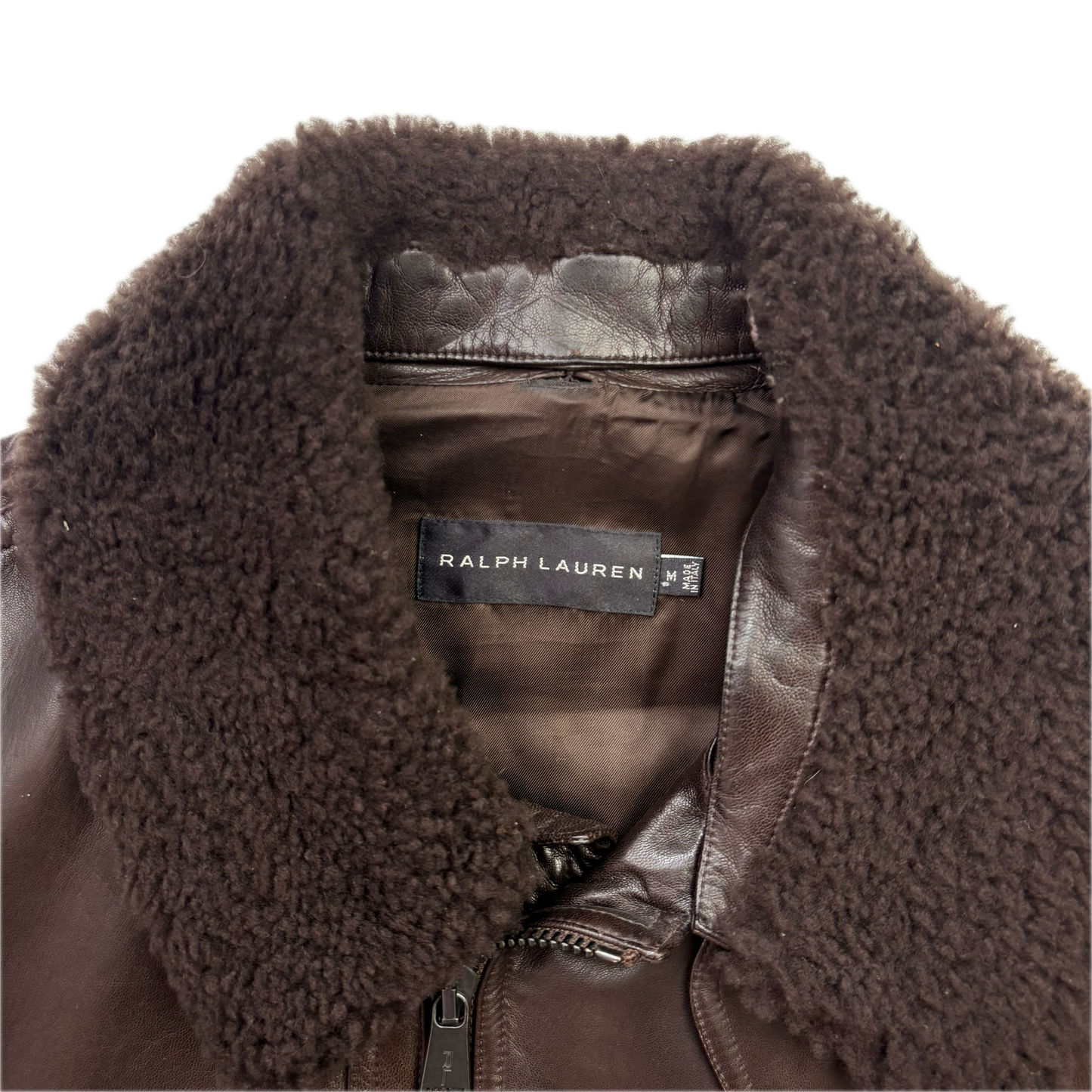 Ralph Lauren Black Label Brown Leather Aviator Jacket Bomber Fur Collar  - M