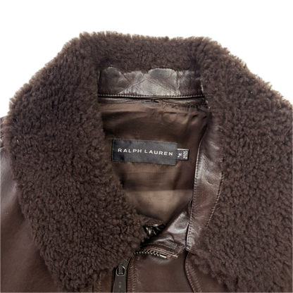 Ralph Lauren Black Label Brown Leather Aviator Jacket Bomber Fur Collar  - M