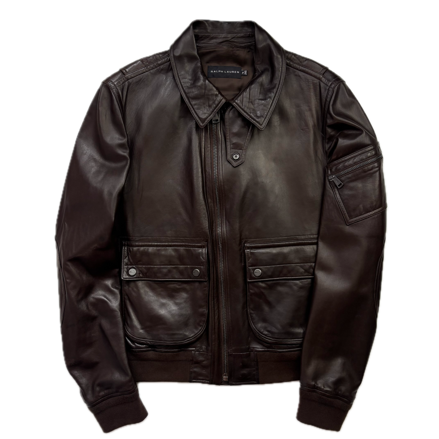 Ralph Lauren Black Label Brown Leather Aviator Jacket Bomber Fur Collar  - M