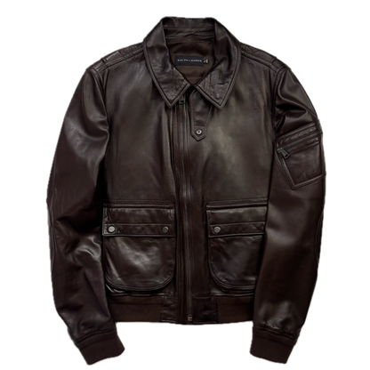 Ralph Lauren Black Label Brown Leather Aviator Jacket Bomber Fur Collar  - M