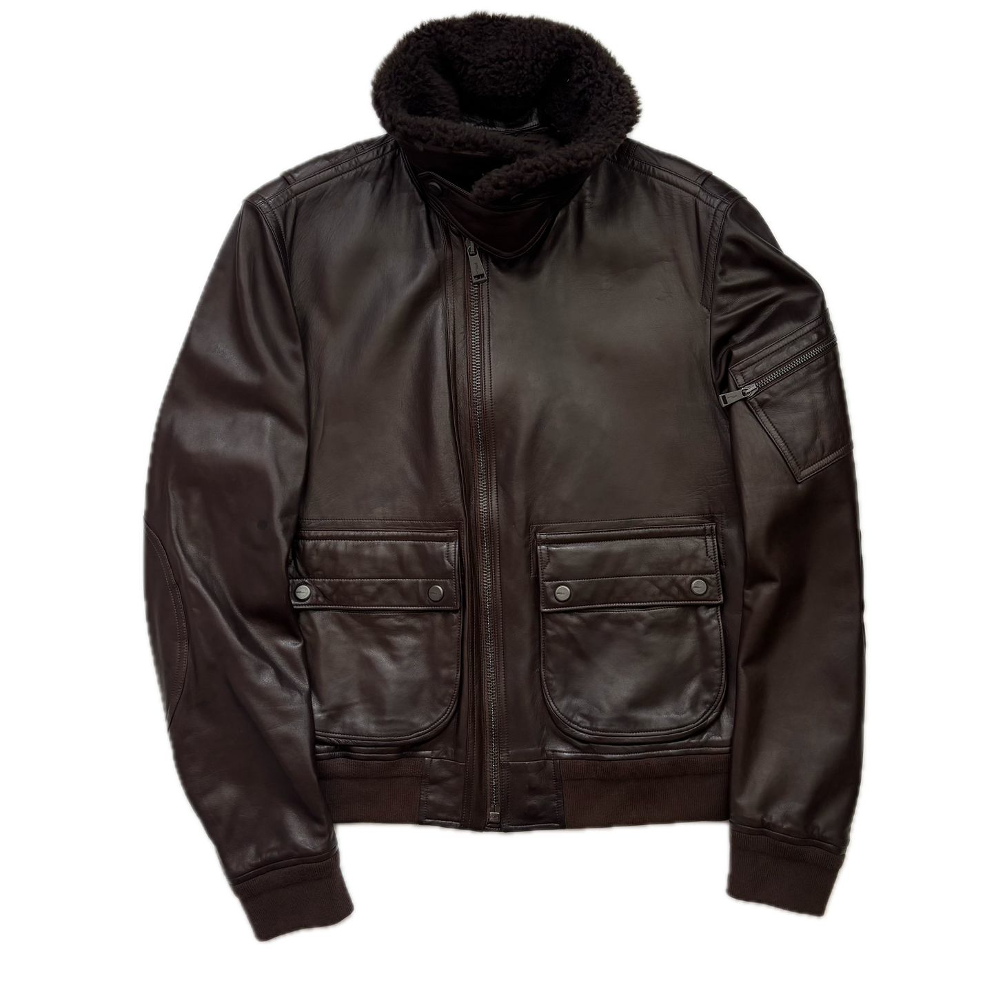Ralph Lauren Black Label Brown Leather Aviator Jacket Bomber Fur Collar  - M