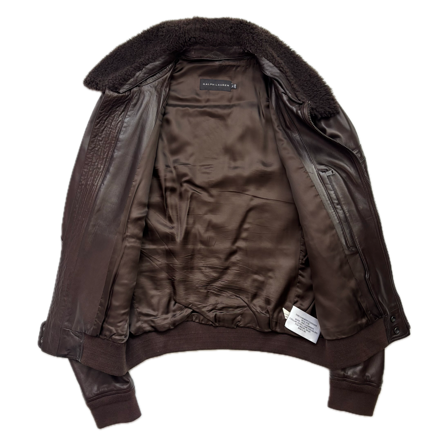 Ralph Lauren Black Label Brown Leather Aviator Jacket Bomber Fur Collar  - M