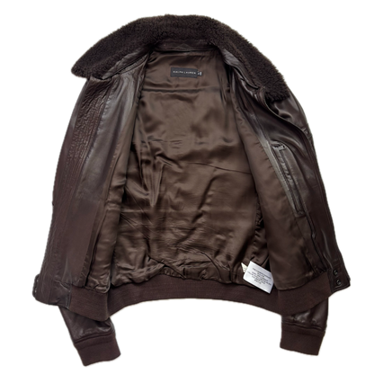 Ralph Lauren Black Label Brown Leather Aviator Jacket Bomber Fur Collar  - M