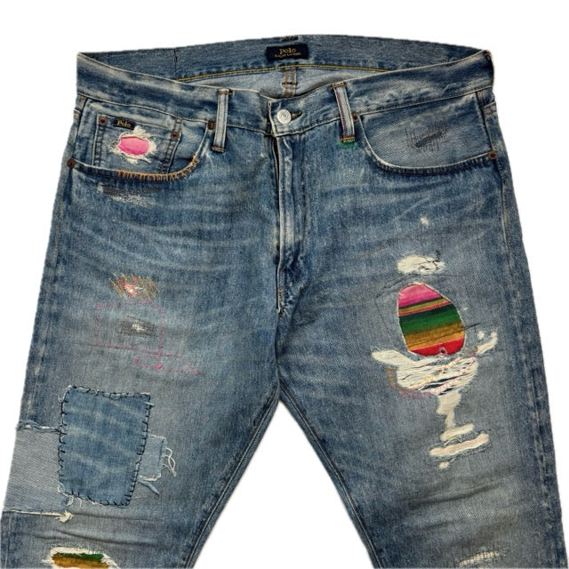 Polo Ralph Lauren Sullivan Slim Jeans Camo Serape Aztec Southwestern Patchwork Distressed - 34x32
