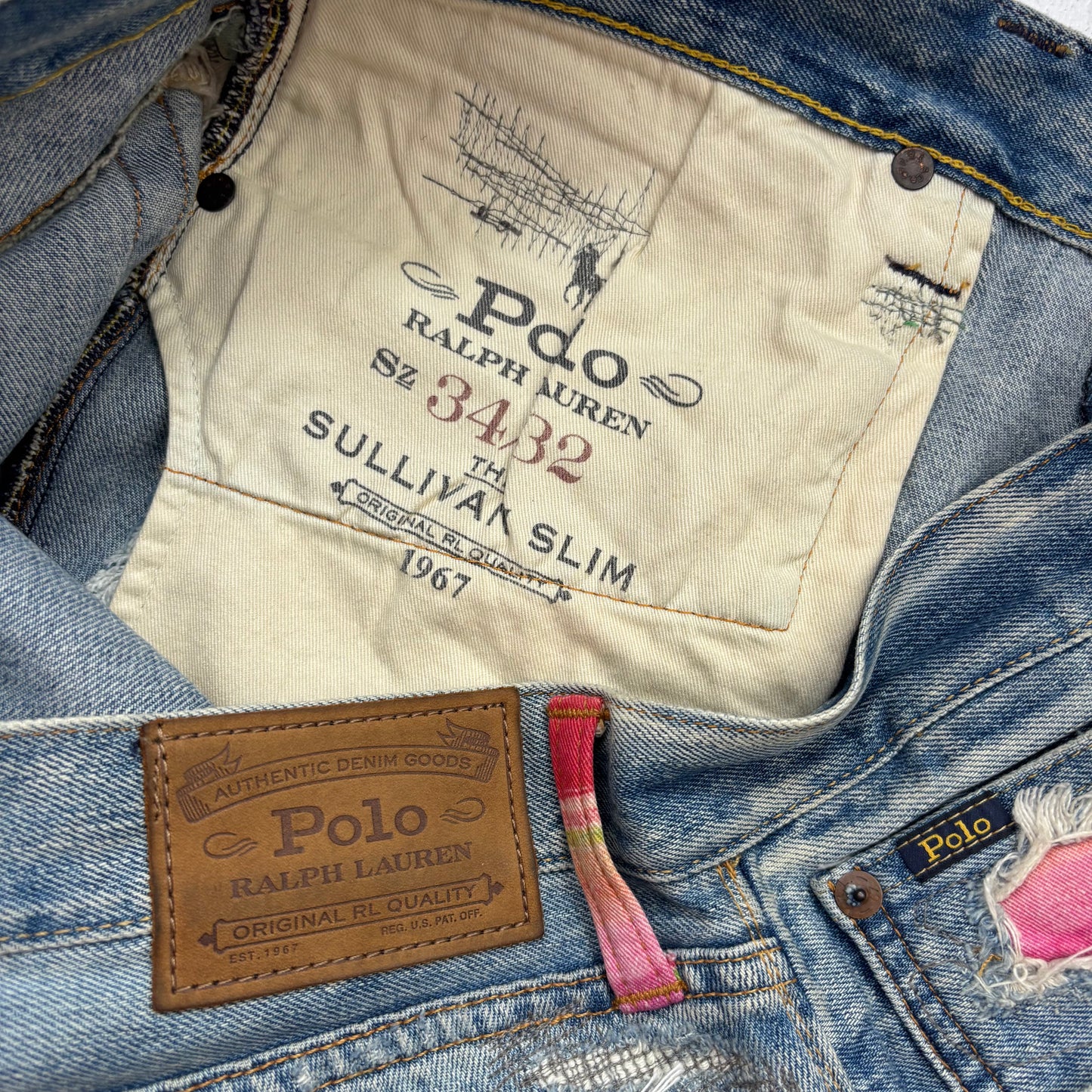 Polo Ralph Lauren Sullivan Slim Jeans Camo Serape Aztec Southwestern Patchwork Distressed - 34x32