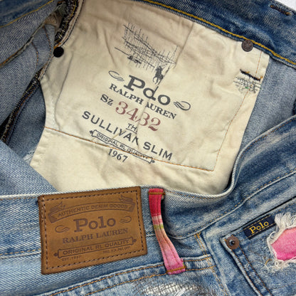 Polo Ralph Lauren Sullivan Slim Jeans Camo Serape Aztec Southwestern Patchwork Distressed - 34x32