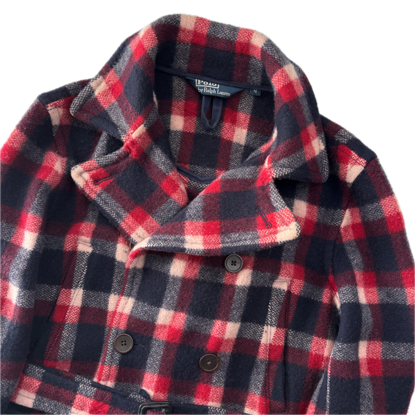 Polo Ralph Lauren Red Navy Plaid Belted Double Breasted Coat (Wool) - M