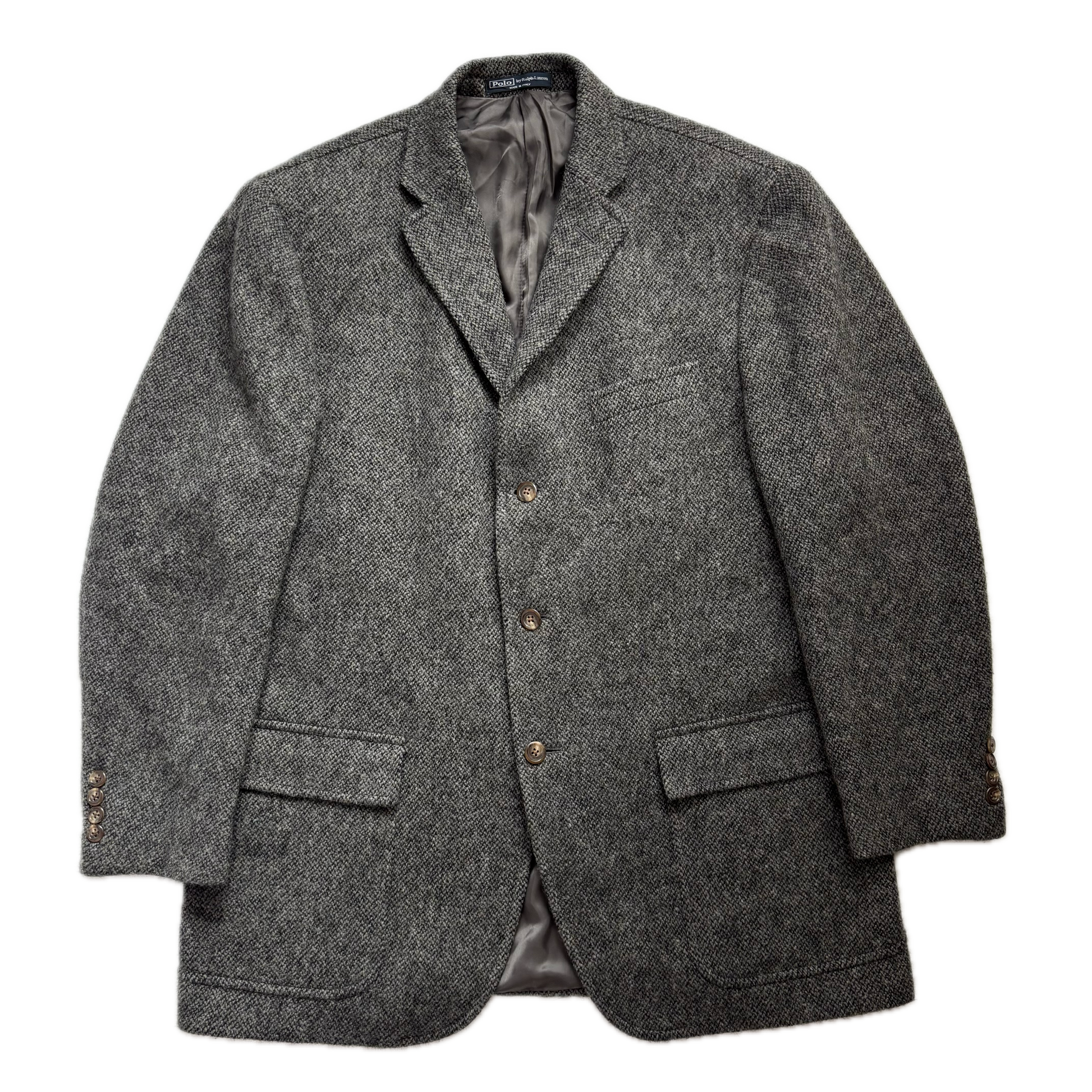 Gray blazer with button details on a white background
