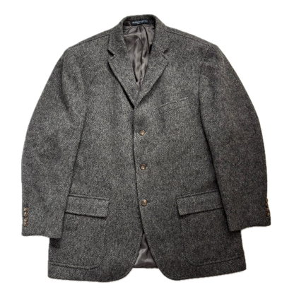 Gray blazer with button details on a white background