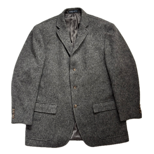 Gray blazer with button details on a white background