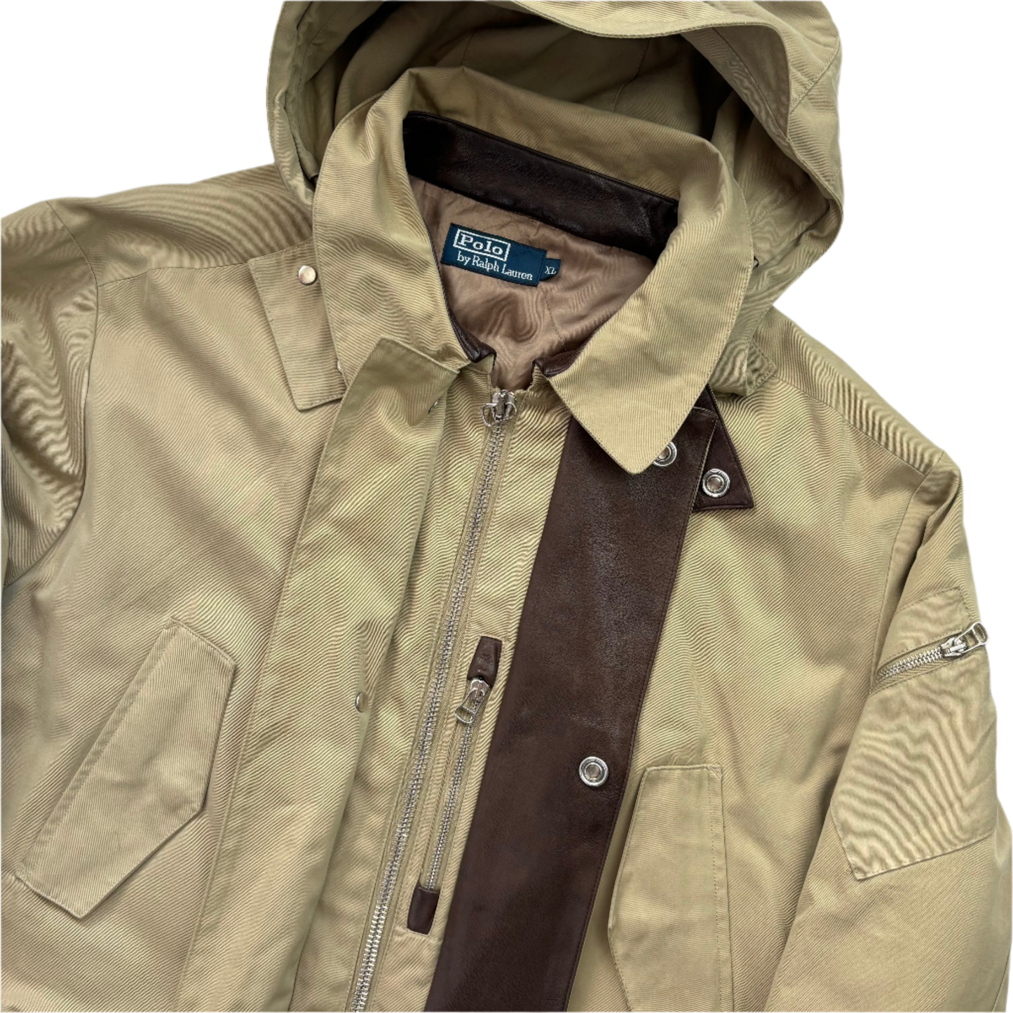 Beige Hooded Walking Jacket Coat Leather Trim - XL