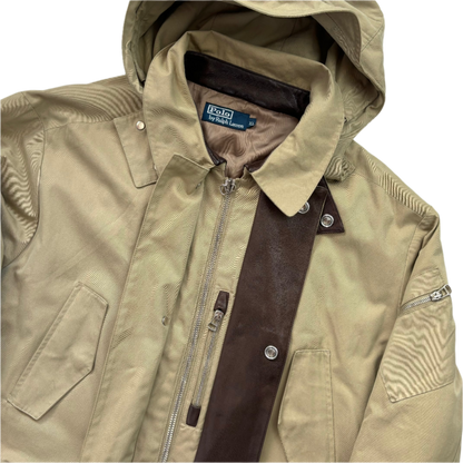 Beige Hooded Walking Jacket Coat Leather Trim - XL