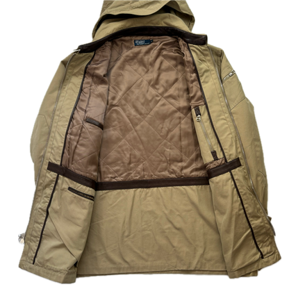Beige Hooded Walking Jacket Coat Leather Trim - XL