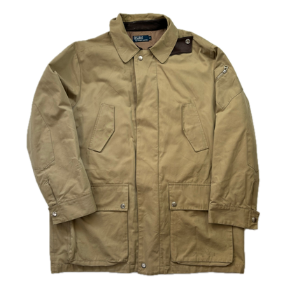 Beige Hooded Walking Jacket Coat Leather Trim - XL