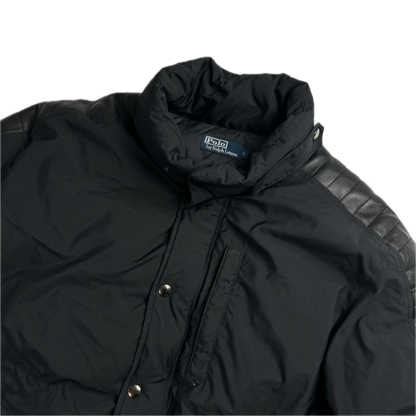 Leather Black Moto Puffer Jacket - L