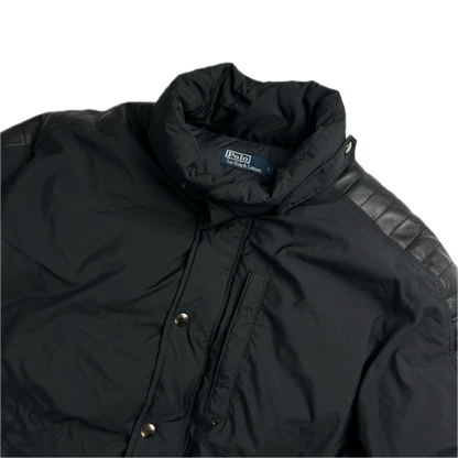 Leather Black Moto Puffer Jacket - L