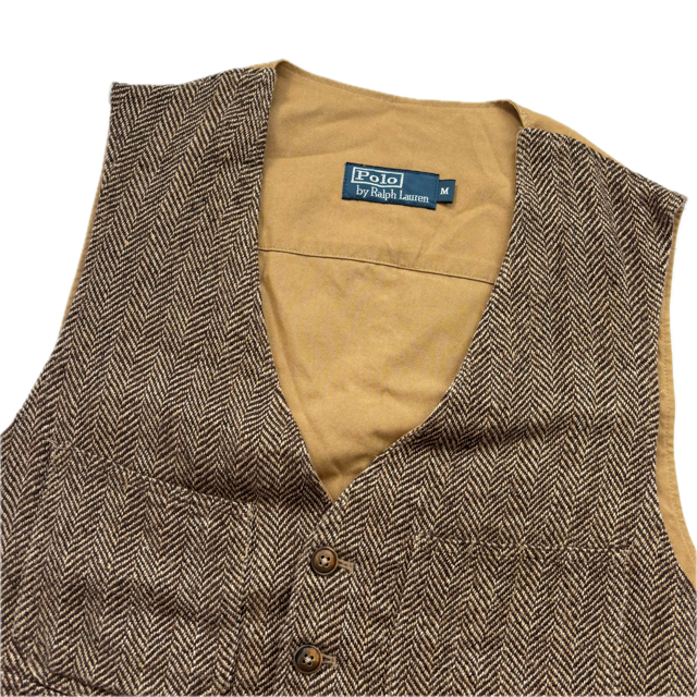 Brown Herringbone Waistcoat (Linen Silk Wool) - M