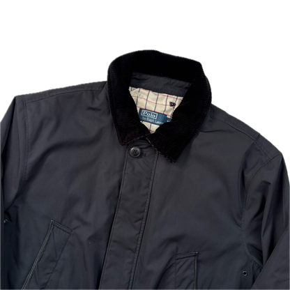 Black Walking Jacket Coat Leather Trim - M