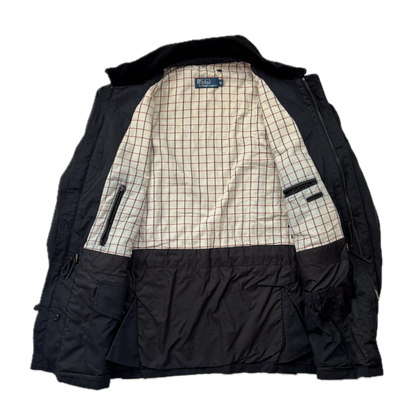 Black Walking Jacket Coat Leather Trim - M