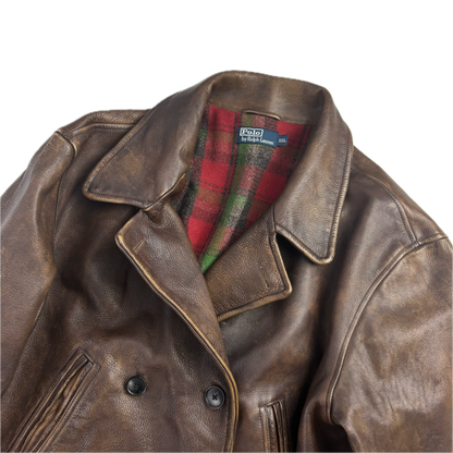 Polo Ralph Lauren Brown Cowhide Leather Double Breasted Belted Jacket - XXL