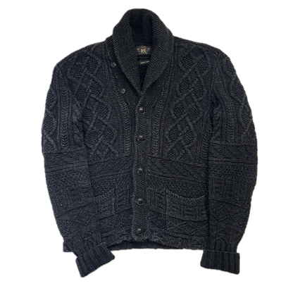 RRL Dark Grey Hand Knit Cable Shawl-Collar Cardigan - S