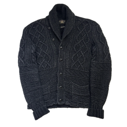 RRL Dark Grey Hand Knit Cable Shawl-Collar Cardigan - S
