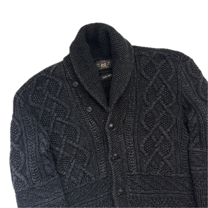 RRL Dark Grey Hand Knit Cable Shawl-Collar Cardigan - S