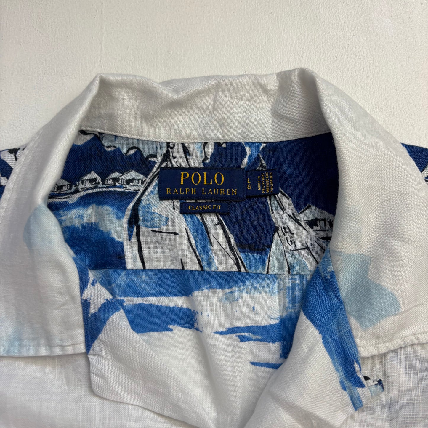 Blue & White Linen Hawaiian Sail Boat Shirt - L