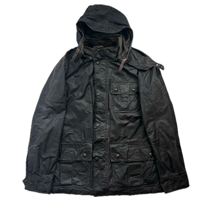 Black Oil Cloth Waxed Utility Jacket Hooded - XL
