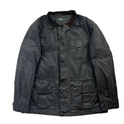 Black Oil Cloth Waxed Utility Jacket Hooded - XL
