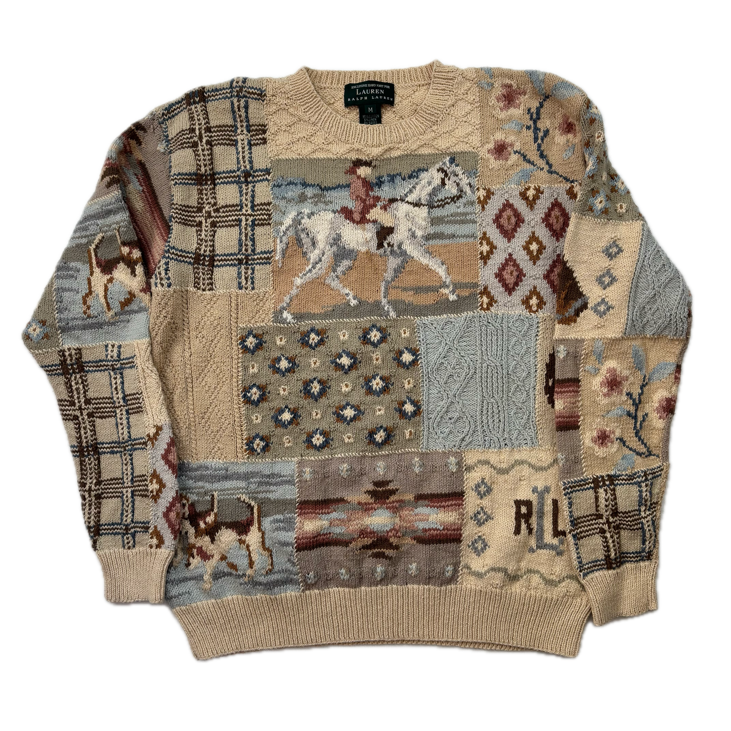 Lauren Hand Knit Patchwork Equestrian Jumper (Cotton Linen) - M