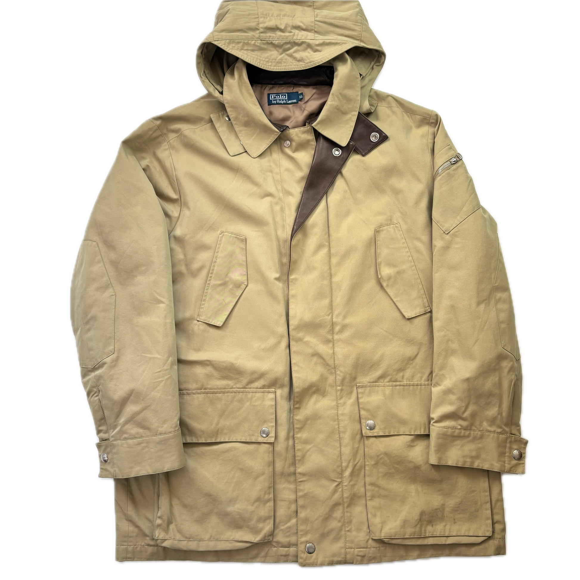 Polo Ralph Lauren Beige Hooded Walking Jacket Coat Leather Trim - XL