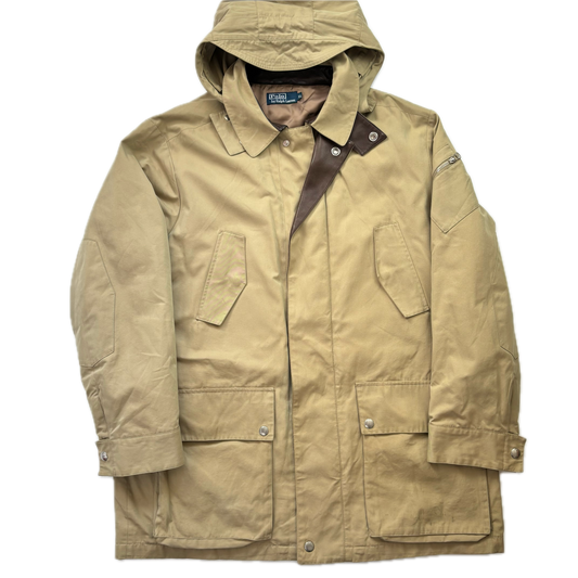 Polo Ralph Lauren Beige Hooded Walking Jacket Coat Leather Trim - XL