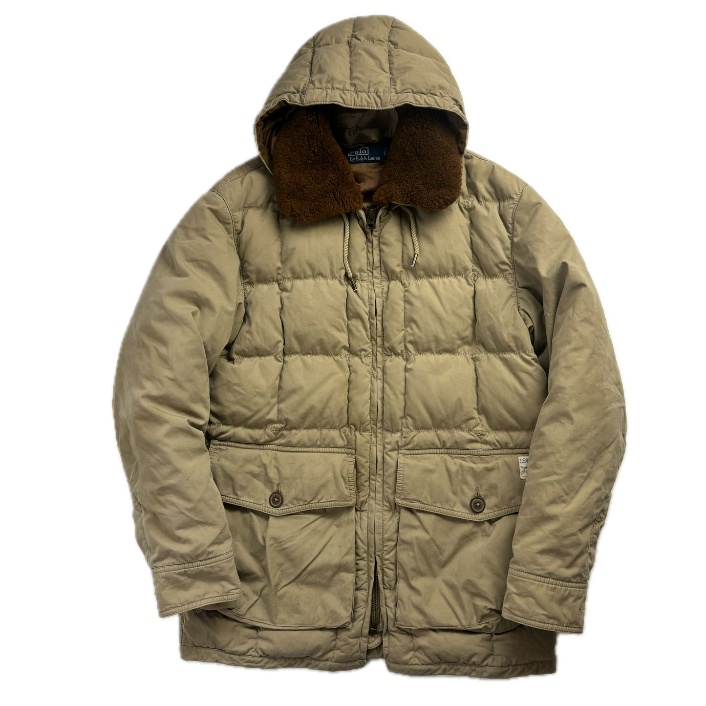 Polo Ralph Lauren Beige Quilted Puffer Jacket Fur Collar 