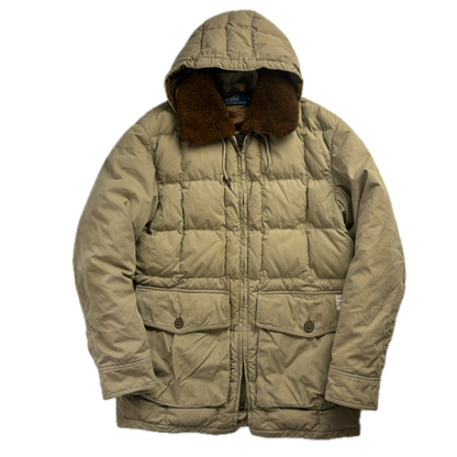 Polo Ralph Lauren Beige Quilted Puffer Jacket Fur Collar 