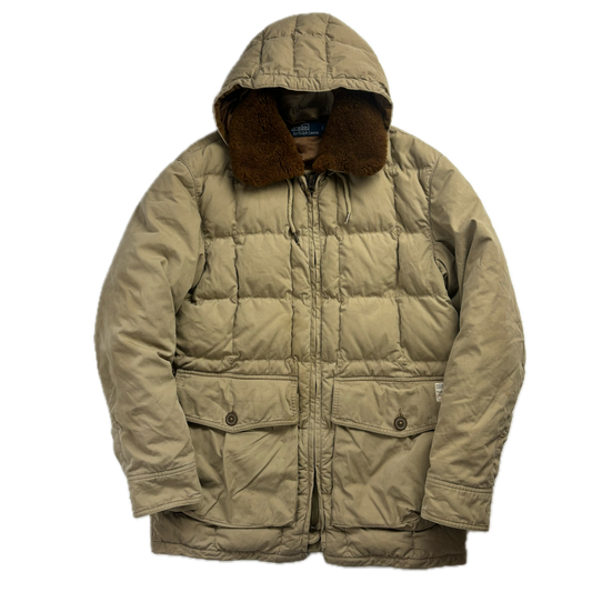 Polo Ralph Lauren Beige Quilted Puffer Jacket Fur Collar 