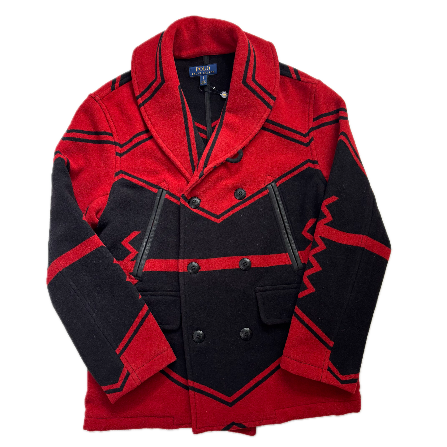 Polo Ralph Lauren Black Red Double Breasted Aztec Pea Coat (Wool Blend) - S