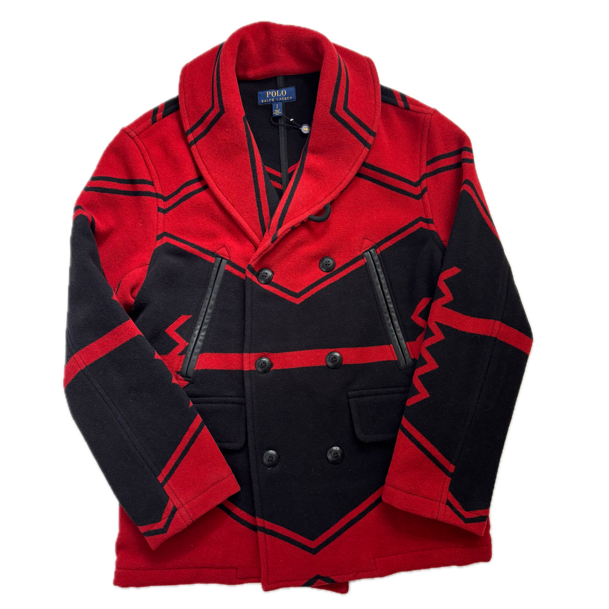 Polo Ralph Lauren Black Red Double Breasted Aztec Pea Coat (Wool Blend) - S