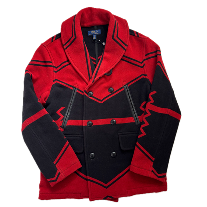 Polo Ralph Lauren Black Red Double Breasted Aztec Pea Coat (Wool Blend) - S