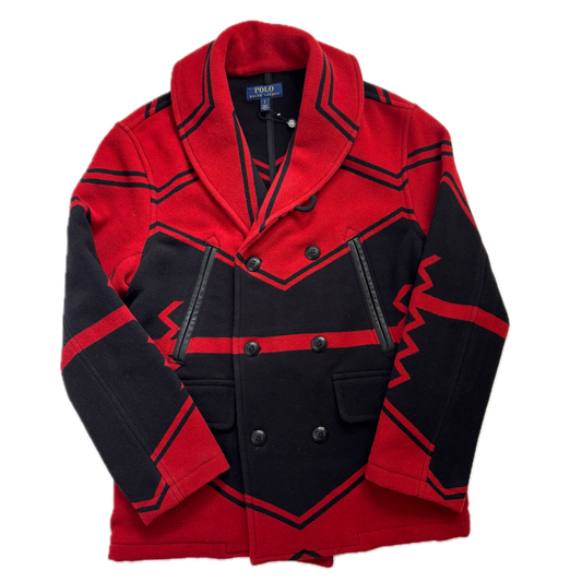 Polo Ralph Lauren Black Red Double Breasted Aztec Pea Coat (Wool Blend) - S
