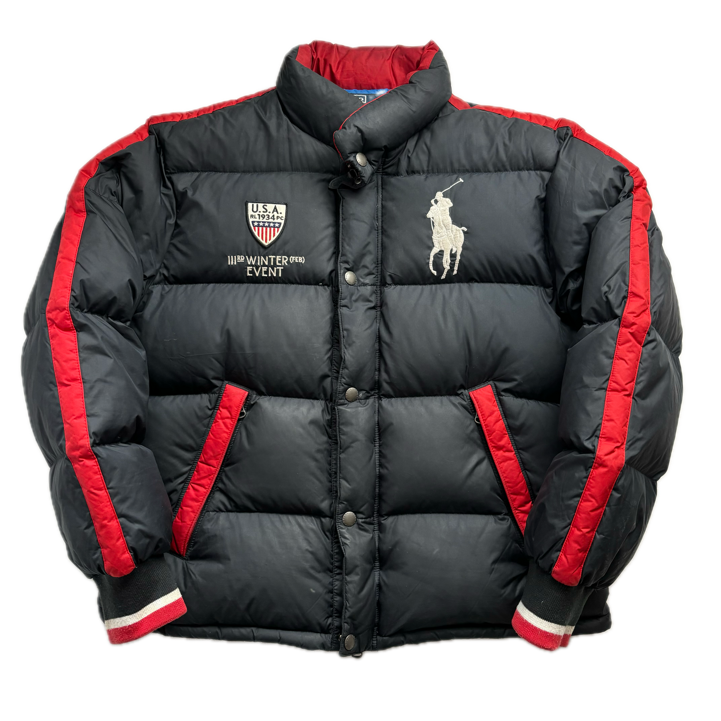 Polo Ralph Lauren Black USA Winter Event Puffer Jacket Down Coat Lake Placid - L