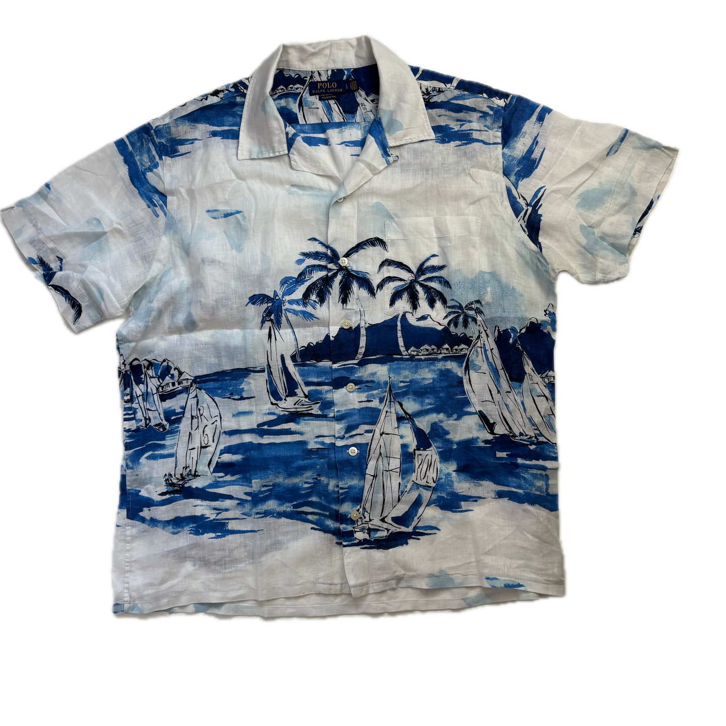 Polo Ralph Lauren Blue & White Linen Hawaiian Sail Boat Shirt - L