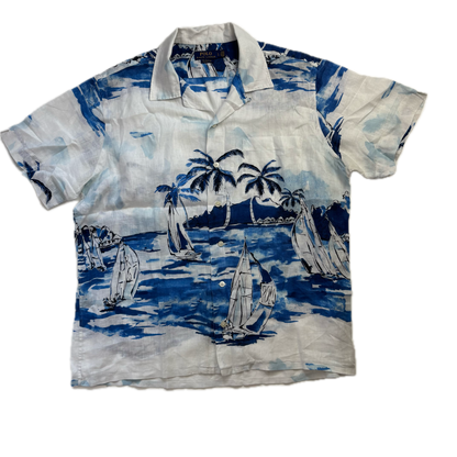 Polo Ralph Lauren Blue & White Linen Hawaiian Sail Boat Shirt - L