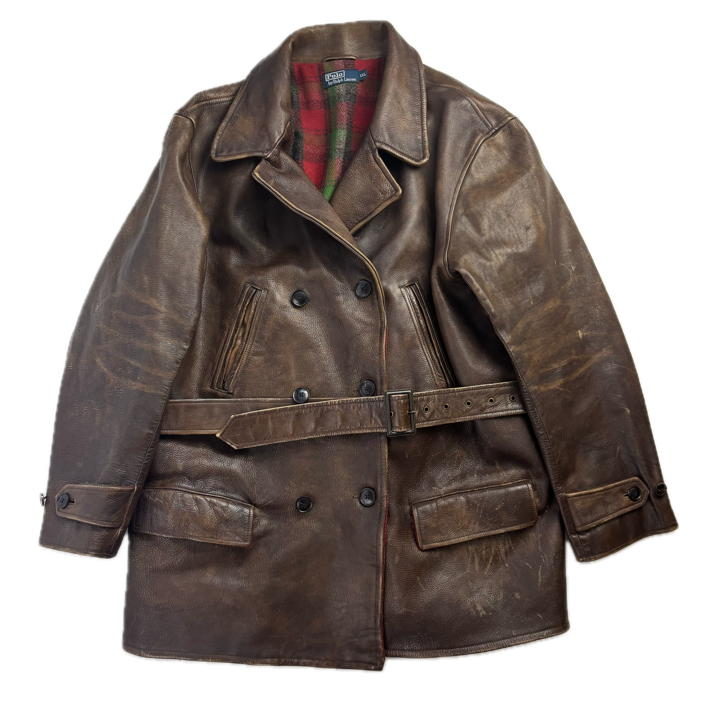 Polo Ralph Lauren Brown Cowhide Leather Double Breasted Belted Jacket - XXL